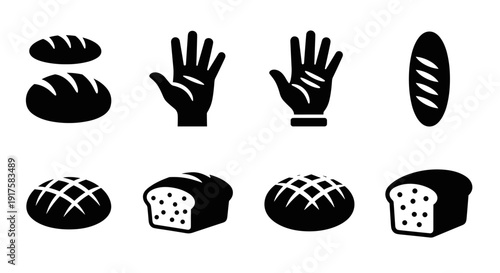Minimalist bakery icons featuring bread and hands in silhouette style