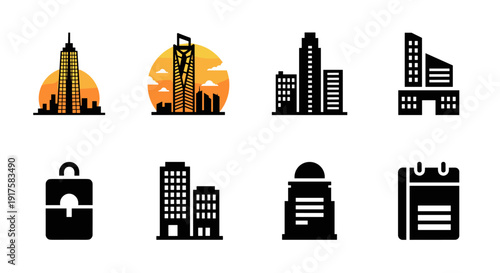 Modern urban building icons set with sunset silhouette
