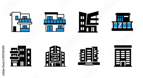 Modern architecture flat icons set featuring minimalist apartment buildings