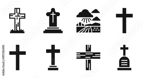 Minimalist cemetery icons collection: crosses and tombstones in black and white