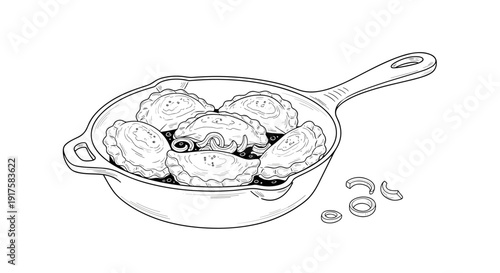Hand drawn dumplings in pan with onions: line art of traditional cuisine