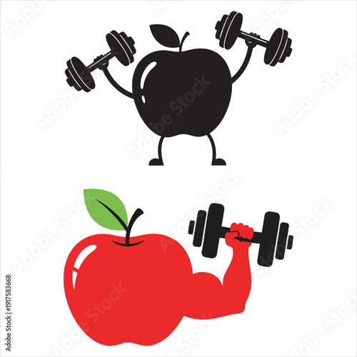 Cute cartoon apple mascot struggling and sweating while lifting a heavy barbell, funny fruit character doing weightlifting, healthy food and fitness vector illustration.