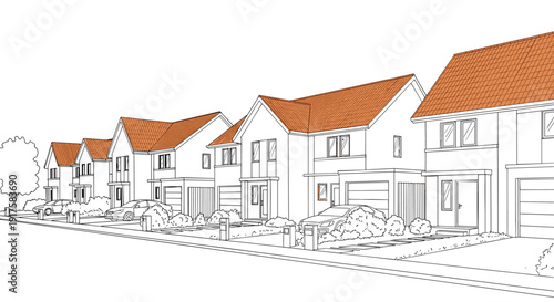 Modern suburban neighborhood with red roofs in linear style