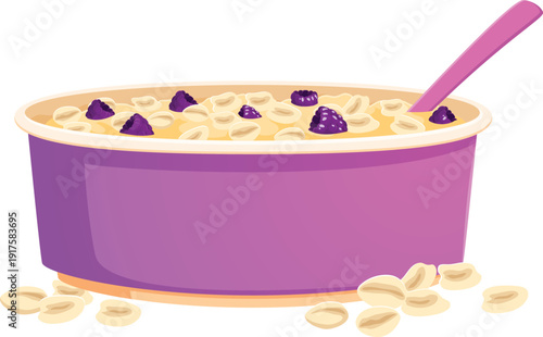 Cartoon oatmeal porridge in bowl with spoon. Vector oat cereal food with grain flakes, berries and creamy texture. Sweet healthy breakfast meal natural nutritious dish isolated on white background