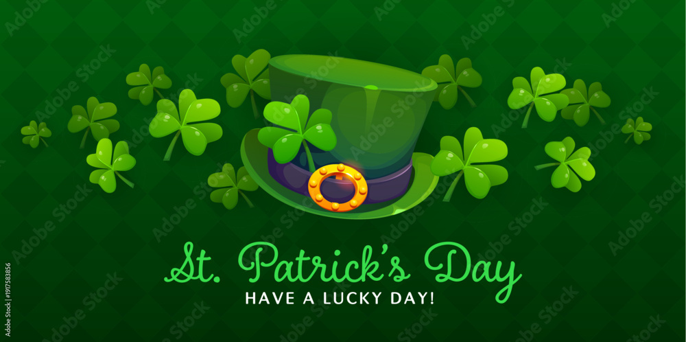 Fototapeta premium Happy St Patrick's day banner with shamrock clovers and leprechaun hat. Irish holiday vector flyer, Saint Patrick festival poster or greeting card with green top hat with golden buckle, clover leaves