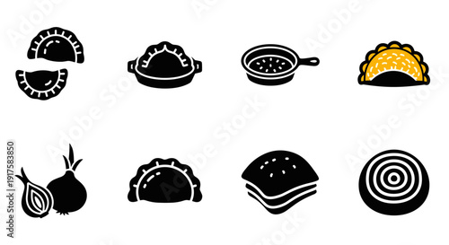 Dumplings and ingredients icons: outline and filled styles for cooking theme