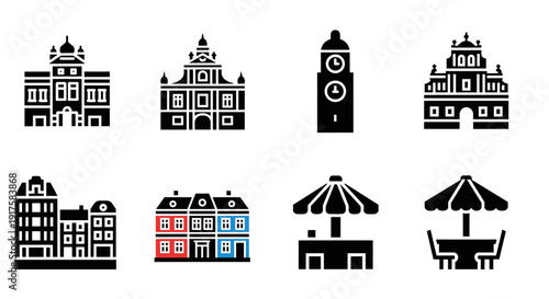 Historic architecture and outdoor café icons in minimalist style set on white background