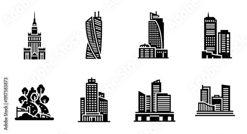 Iconic city building silhouettes set in black and white for architectural design