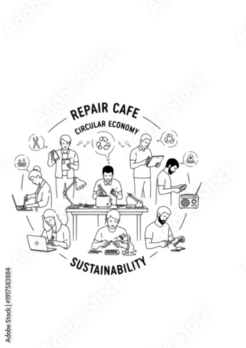 People fixing electronics at repair cafe circular economy and sustainability silhouette vector