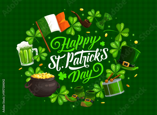 Happy St Patrick's day holiday banner or flyer. Spring party vector flyer, Saint Patrick holiday poster or greeting card with shamrock clover, Ireland flag, ale or beer, cauldron and leprechaun hat