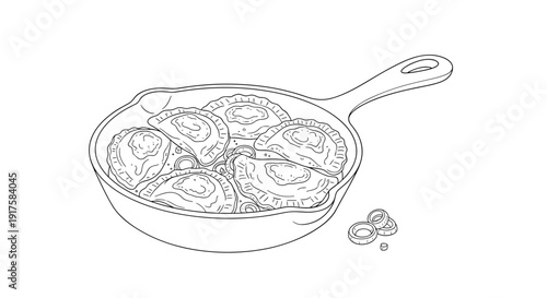 Outline of frying pan with pierogies and onions in black and white