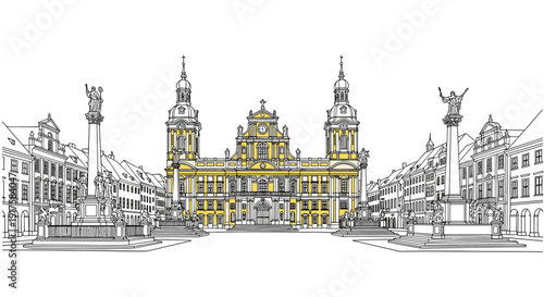 Historic european square with baroque cathedral in architectural outline style