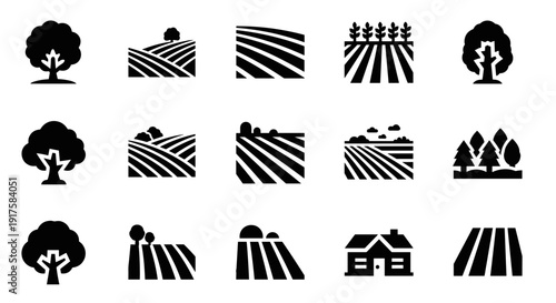 Silhouette farm and countryside icons featuring fields, trees, and houses