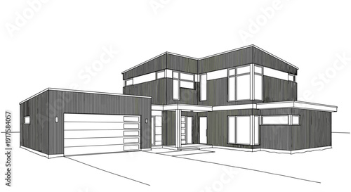 Modern linear drawing of contemporary two-story house with garage