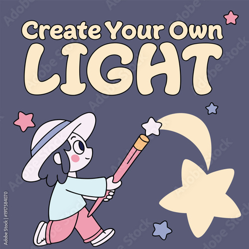 character painting stars onto the night sky using a giant brush, dreamy whimsical cartoon illustration style, deep blue background, glowing elements, include text ‘CREATE YOUR OWN LIGHT’”