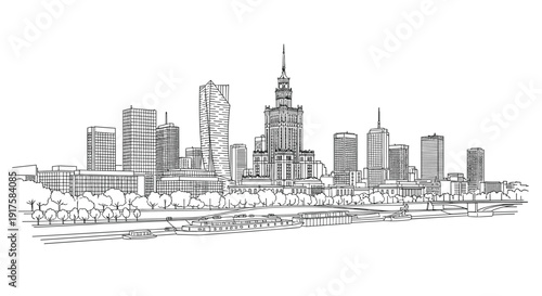 Warsaw cityscape in detailed linear skyline art