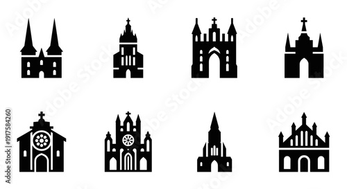 Gothic church silhouettes set with arched windows and towers