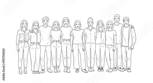 Diverse group of young adults in line art style
