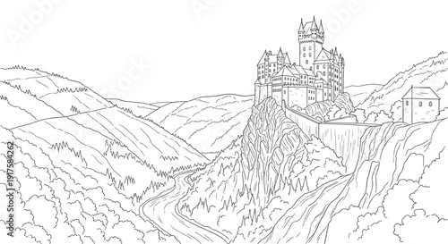 Medieval castle on hill with scenic landscape in detailed line art style