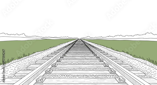 Endless railroad tracks in minimalist landscape with clear sky