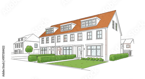 Modern suburban townhouse with red roof and garden in line art style