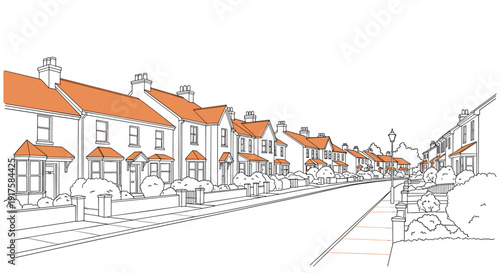 Charming neighborhood street with orange roofs and lush greenery in linear style