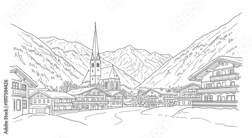 Alpine village landscape with church and mountains in linear style