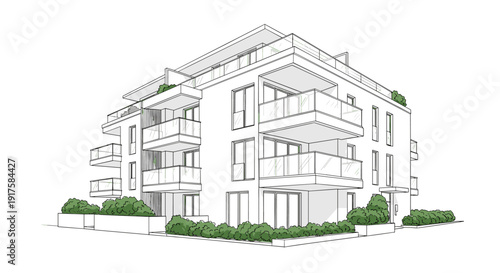 Modern urban apartment building with minimalist design and greenery