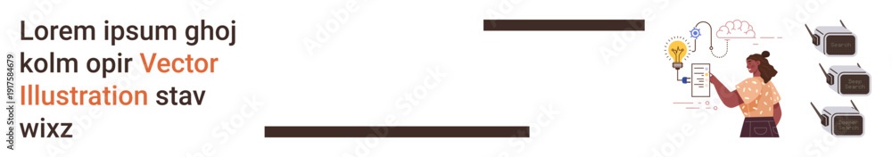 Obraz premium Cloud computing, innovation, technology, network solutions, data sharing, creativity. Woman interacting with device, cloud and gears. Cloud computing and innovation concept