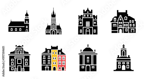 Historic european buildings set in minimal silhouette style