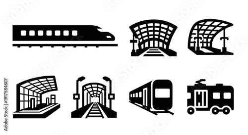 Modern train and station silhouettes: public transit icons in black and white