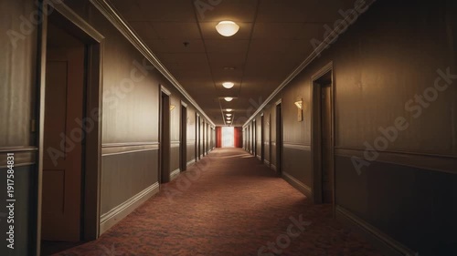 Long, dimly lit corridor in a hotel or a building with many closed doors, a textured carpet, and a bright red exit light at the far end, evoking a sense of mystery and transition