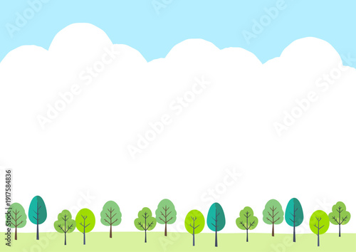 新緑の木の風景　樹木の手描き風イラスト