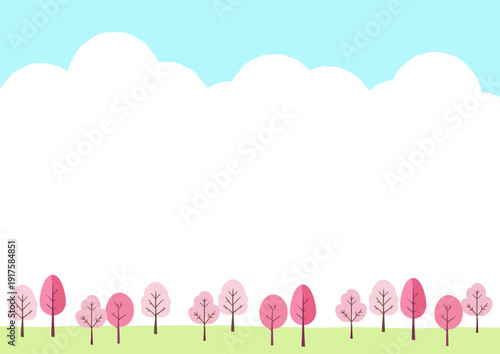 桜の木の風景　青空と桜の手描き風イラスト