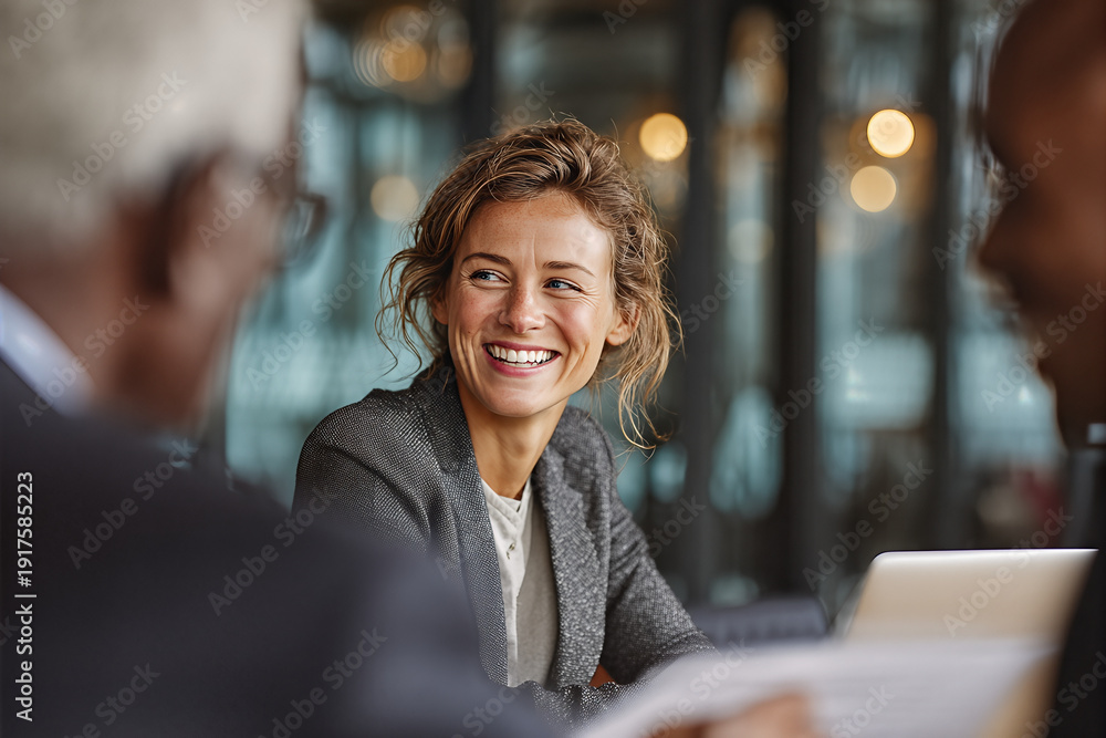 Fototapeta premium Female lawyer in gray blazer with loose bun smiling and leaning forward while discussing a contract with two blurred colleagues in glass - walled office