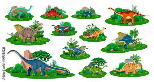 Prehistoric dinosaurs in their natural habitats. Vector set of dino animals at lush landscape settings. Cartoon reptile species, herbivore or carnivore creatures at wild nature with green vegetation