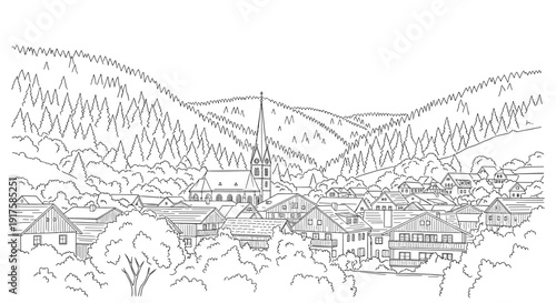 Charming mountain village with church and pine trees in linear style