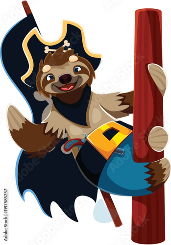 Cartoon sloth pirate character hangs onto a ship mast, with a dark navy flag waving behind him. Corsair outfit includes a tricorn hat, belt and accessories. Cute lazy animal personage for kids design