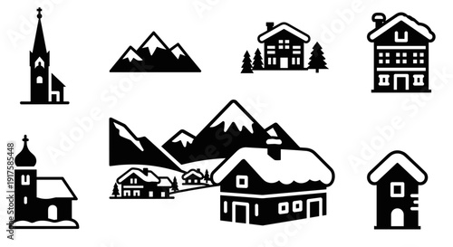 Charming winter village with alpine scenery in minimalist silhouette style