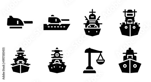 Military vehicle silhouettes: tanks and ships with justice scale icon set