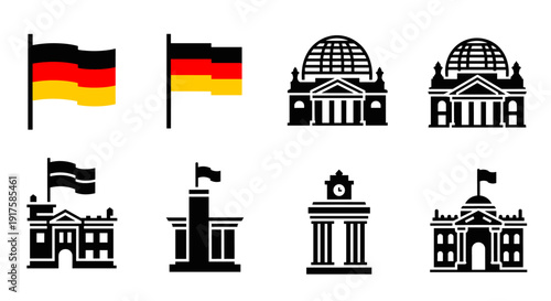 German icons set: flag and landmark silhouettes of germany