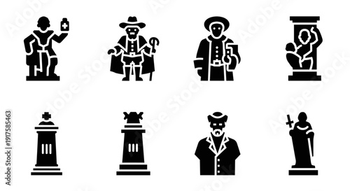 Historical figures and monuments silhouette icons reflecting heritage and culture