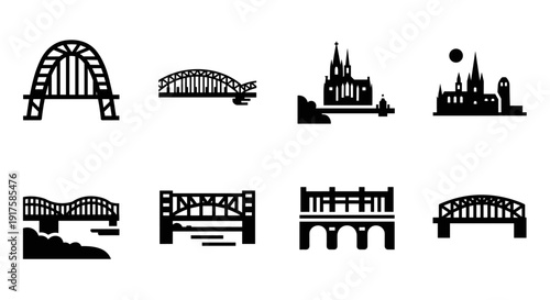 Iconic bridges and landmarks silhouettes collection for urban design