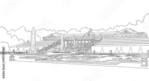 Historic palace garden line art with fountains and stairs