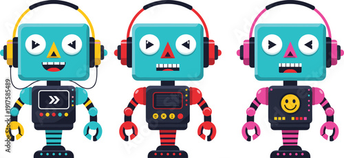 Cute flat vector illustration of three colorful toy robots wearing headphones with different facial expressions and interactive buttons on their chests for children.