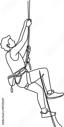 Continuous line drawing of an adventurous woman climbing a rope with gear and determination