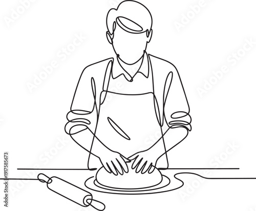 Continuous line drawing of man chef baker cooking a delicious meal preparing food in apron