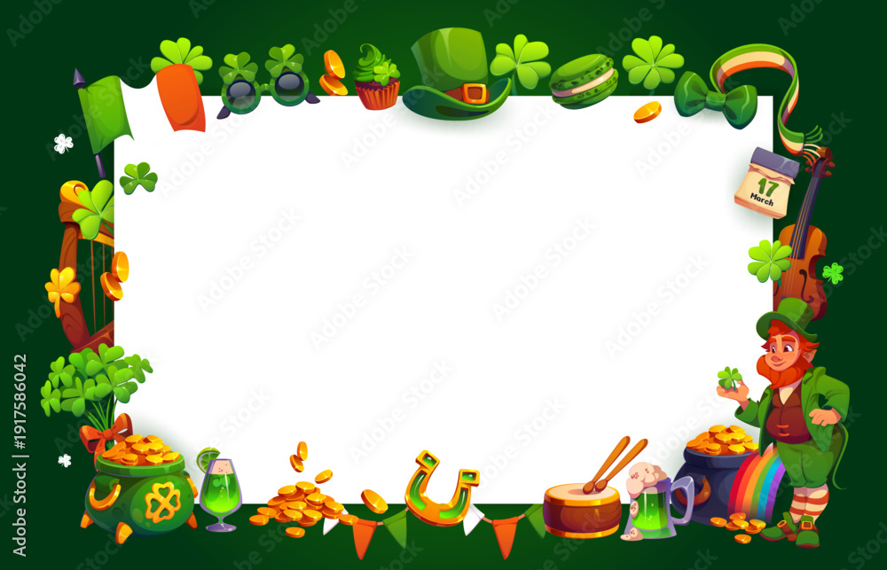 Fototapeta premium Irish St Patrick's day holiday frame. Irish celebration vector greeting card, St Patrick march festive invitation frame with leprechaun pot hat, clovers, golden coins and music instruments, green ale