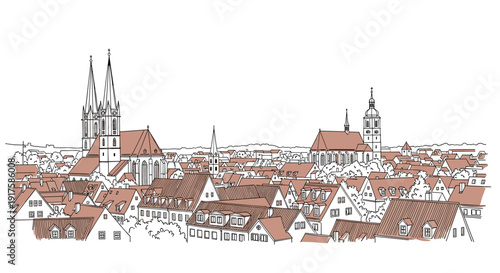 Charming european town skyline with historic churches and red roofs