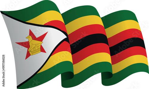 Flag of Zimbabwe. Ribbon style flag that conveys a sense of movement and waving effect